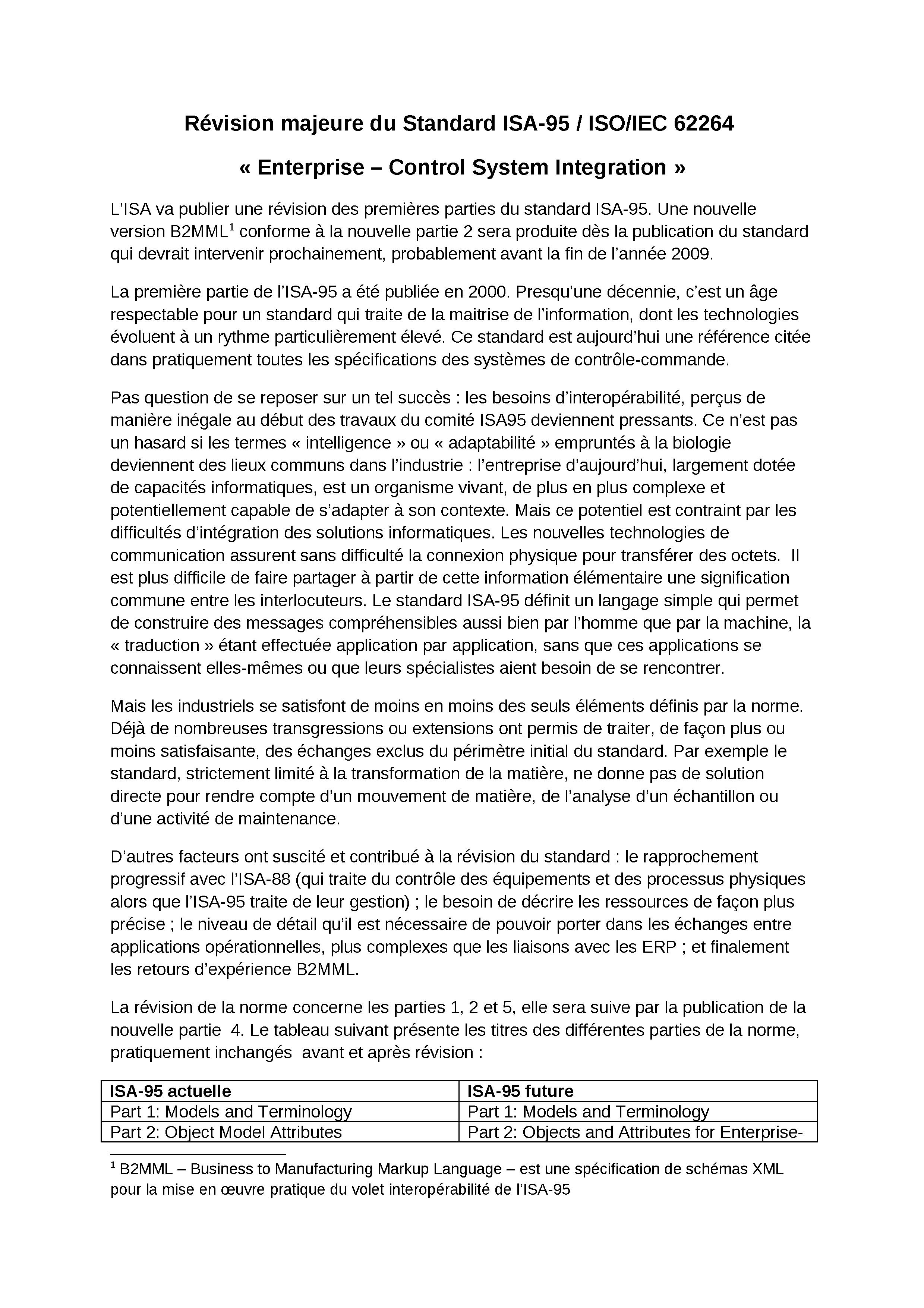 2009 - ISAFlash - Révision majeure du Standard ISA95.doc