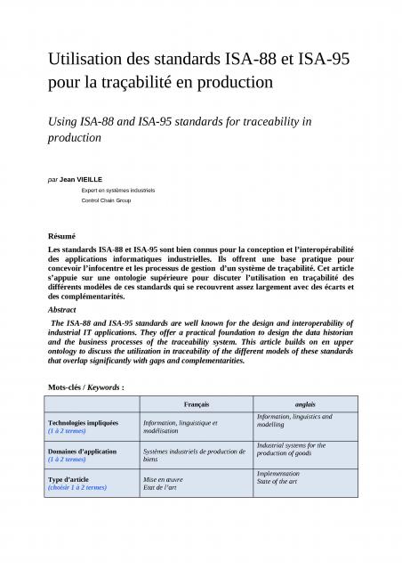 2013 Utilisation des standards ISA-88 et ISA-95 pour la traçabilité en production