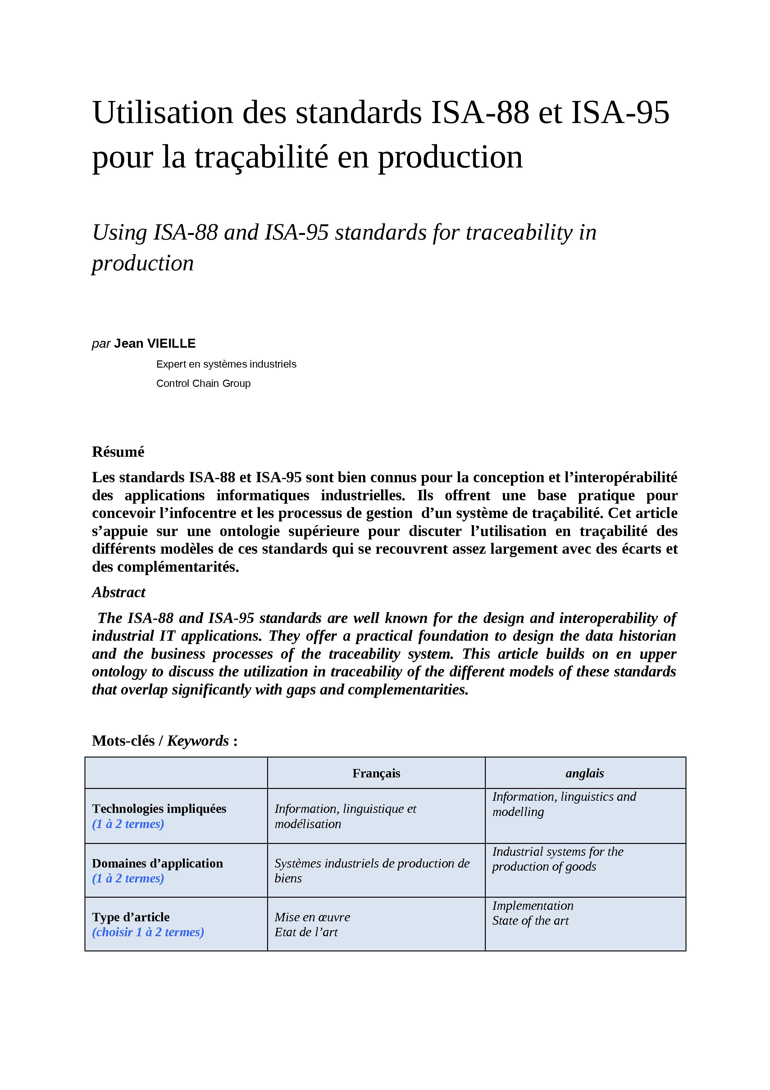 2013 Utilisation des standards ISA-88 et ISA-95 pour la traçabilité en production