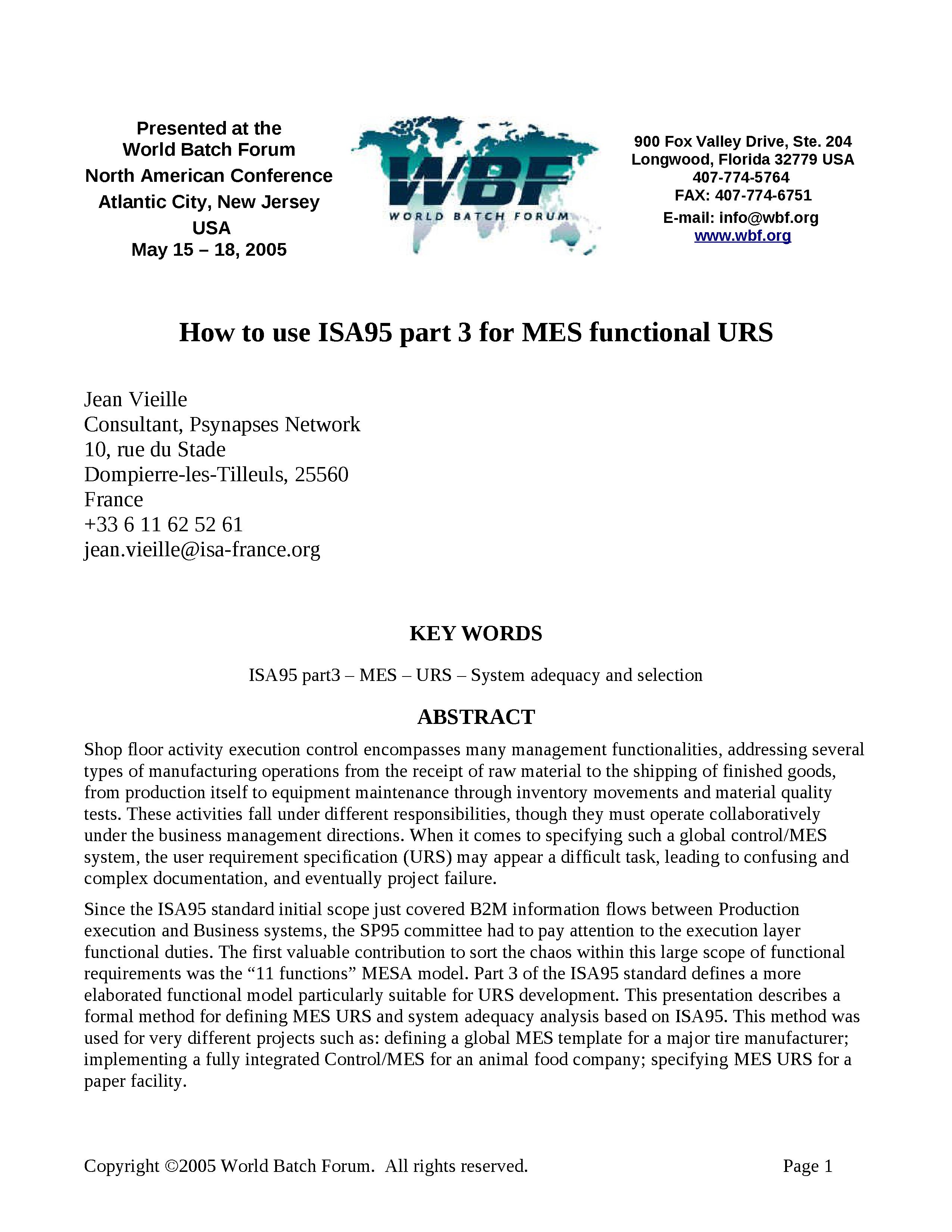 2005 - WBFna - How to use ISA95 part 3 for MES functional URS.doc